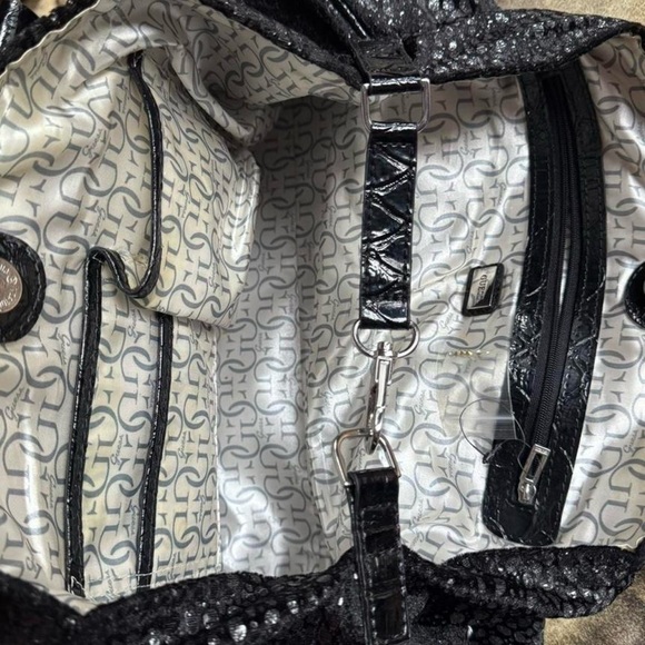Y2K Guess glam diva black shiny slouchy shoulder bag silver hardware G monogram - Picture 6 of 7
